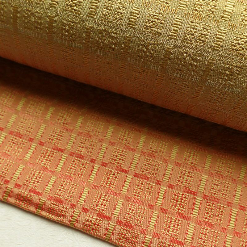 名古屋帯 全通柄 良品 正絹 チェック・格子柄 名古屋仕立て 帯 黄・黄土色_画像7