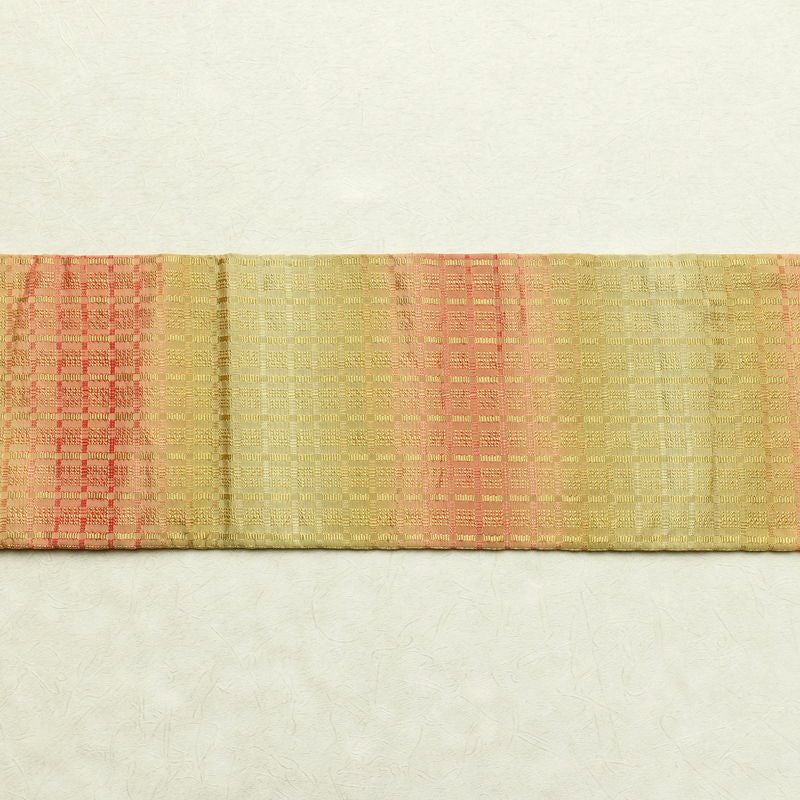 名古屋帯 全通柄 良品 正絹 チェック・格子柄 名古屋仕立て 帯 黄・黄土色_画像13