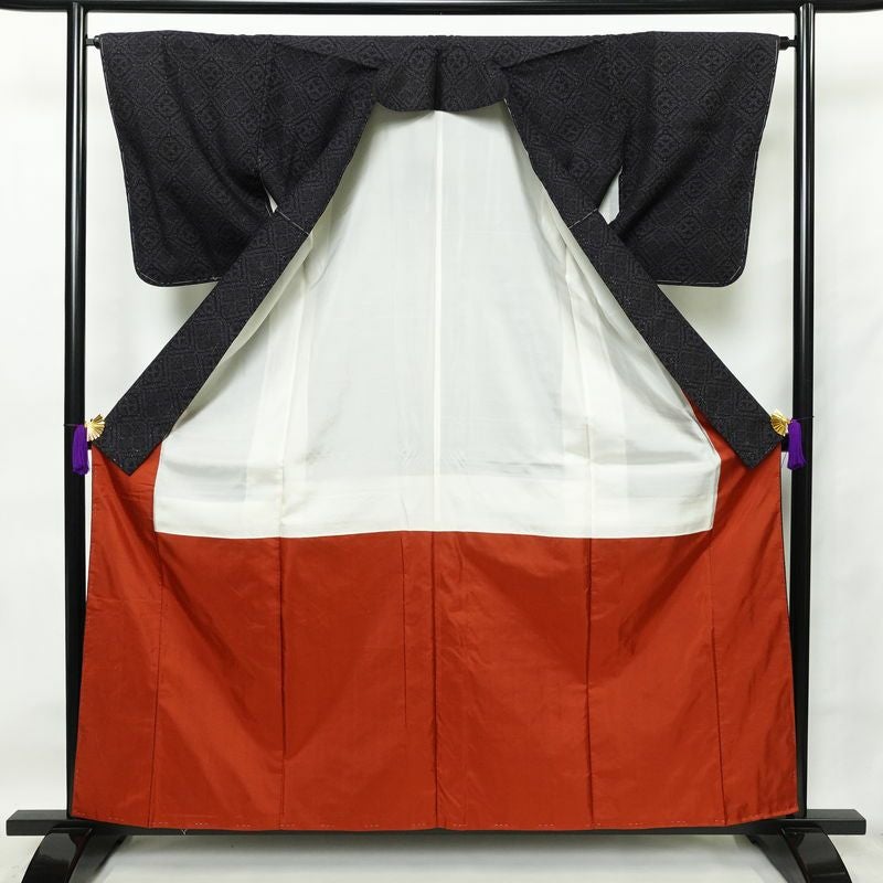 紬 良品 しつけ糸付き 正絹 幾何学柄・抽象柄 袷仕立て 身丈159.5cm 裄丈66cm 着物 青・紺_画像3