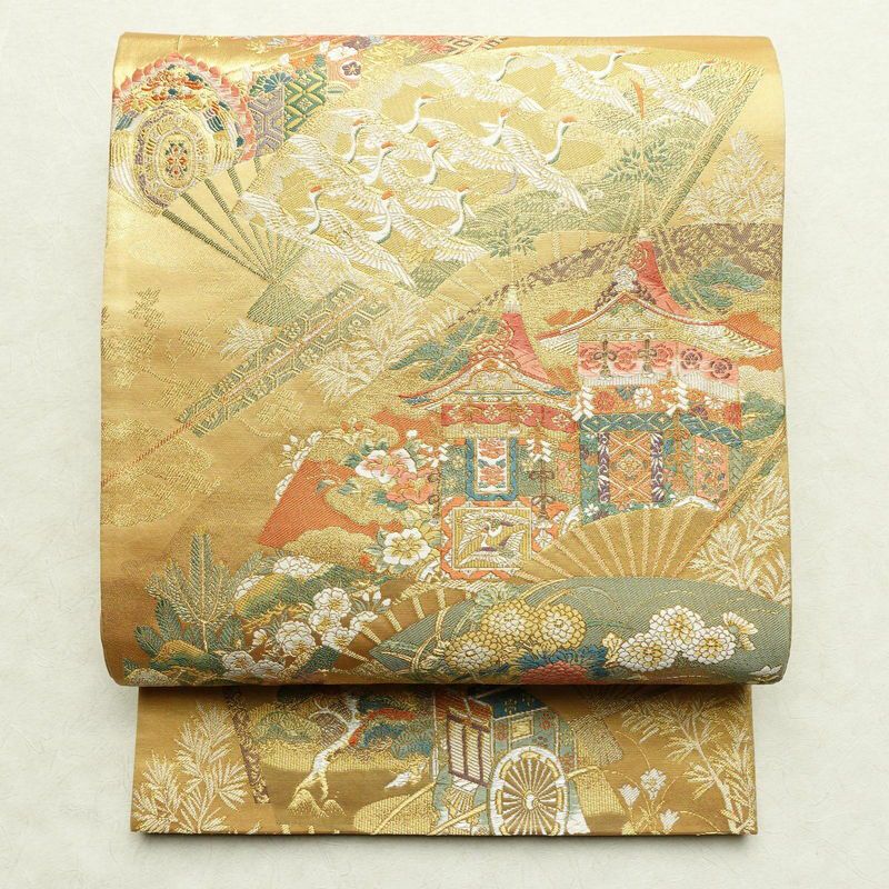 袋帯 本金二重箔 扇面花鳥 文六通柄 良品 フォーマル用 正絹 古典柄 箔