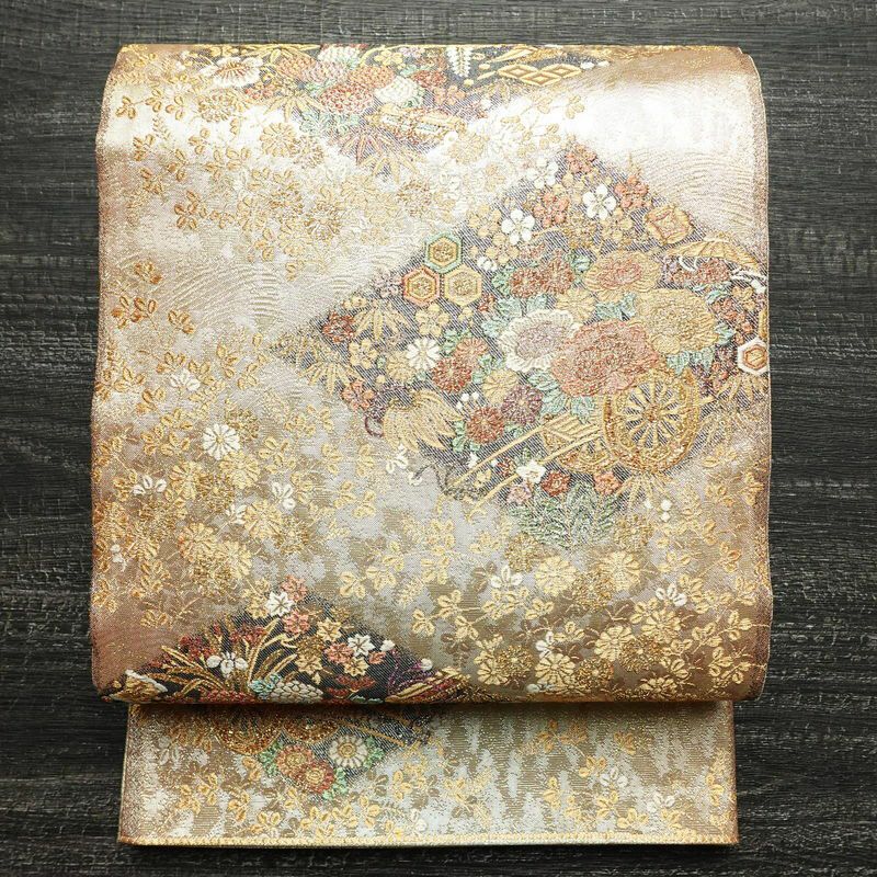 袋帯 佐賀錦 全通柄 フォーマル用 正絹 雲柄 箔 金糸 帯 ピンク | 全通