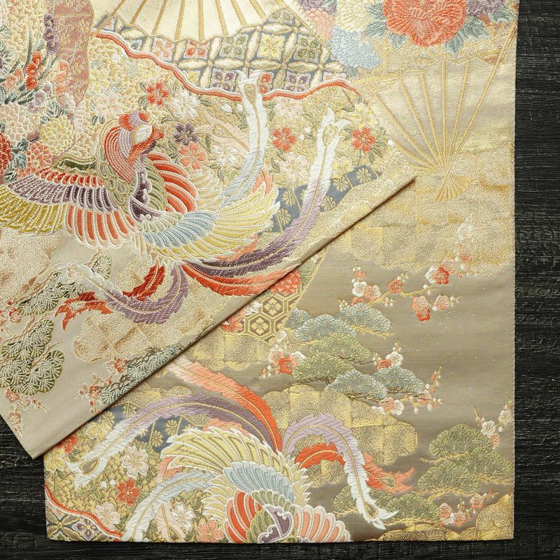 袋帯 本金二重箔 扇面花鳥 文六通柄 良品 フォーマル用 正絹 古典柄 箔 金糸 帯 金・銀_画像12