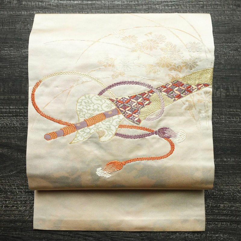 名古屋帯 太鼓柄 正絹 古典柄 名古屋仕立て 箔 刺繍 金糸 帯 ベージュ