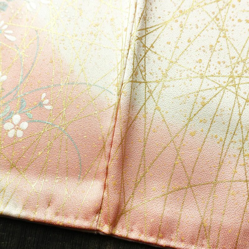 訪問着 美品 一つ紋付き 正絹 木の葉・植物柄 袷仕立て 身丈162.5cm 裄丈65cm 箔 共八掛 フォーマル 着物 ピンク_画像12