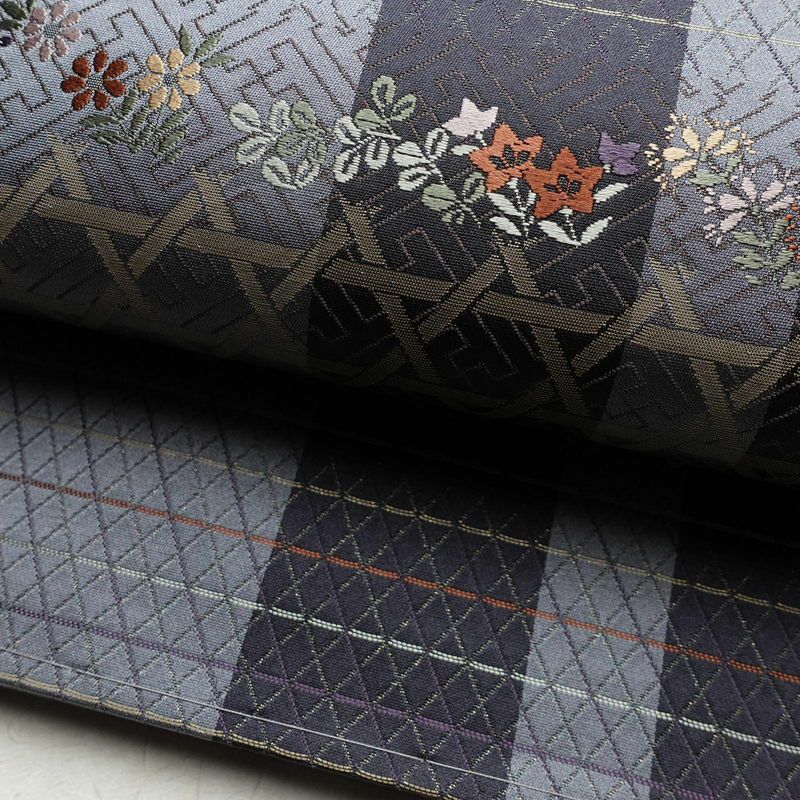 袋帯 六通柄 美品 しつけ糸付き フォーマル用 正絹 花柄 刺繍 帯 青・紺_画像7