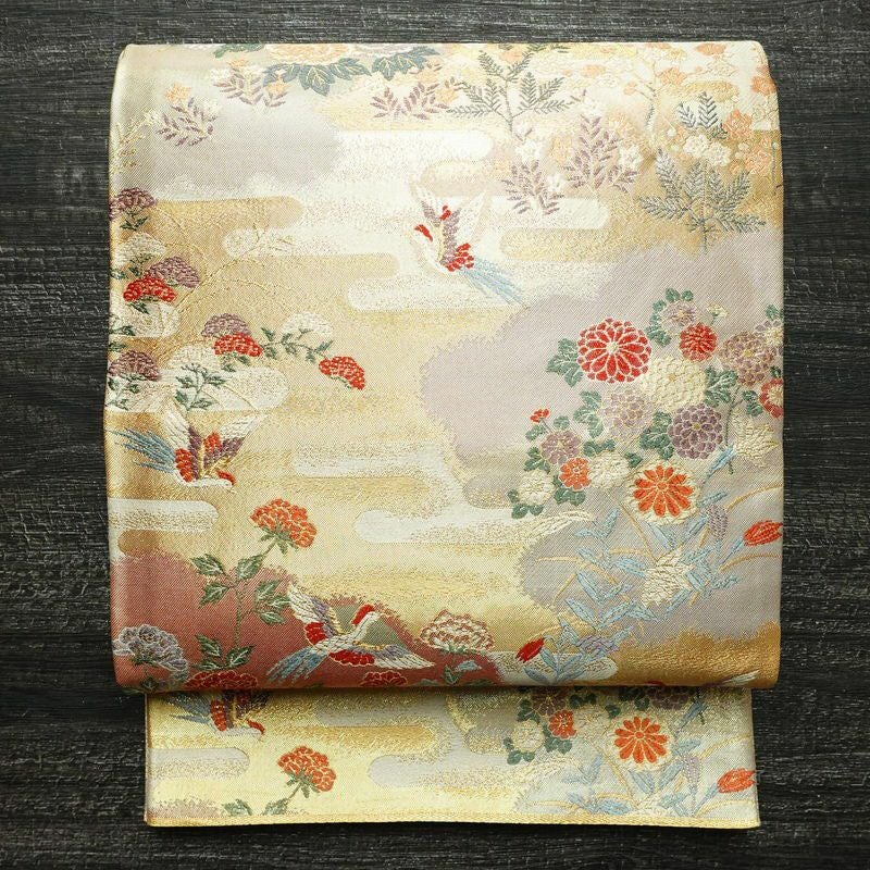 袋帯 本金二重箔 扇面花鳥 文六通柄 良品 フォーマル用 正絹 古典柄 箔