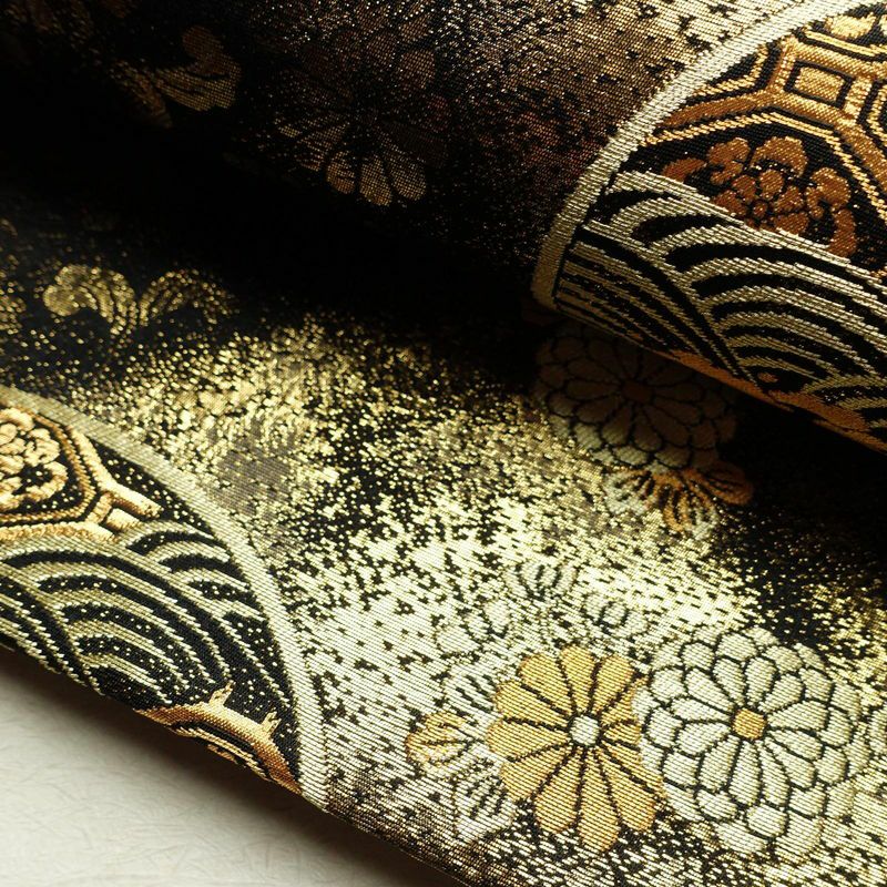 袋帯 六通柄 良品 フォーマル用 正絹 古典柄 箔 金糸 菊 波 帯 黒_画像7