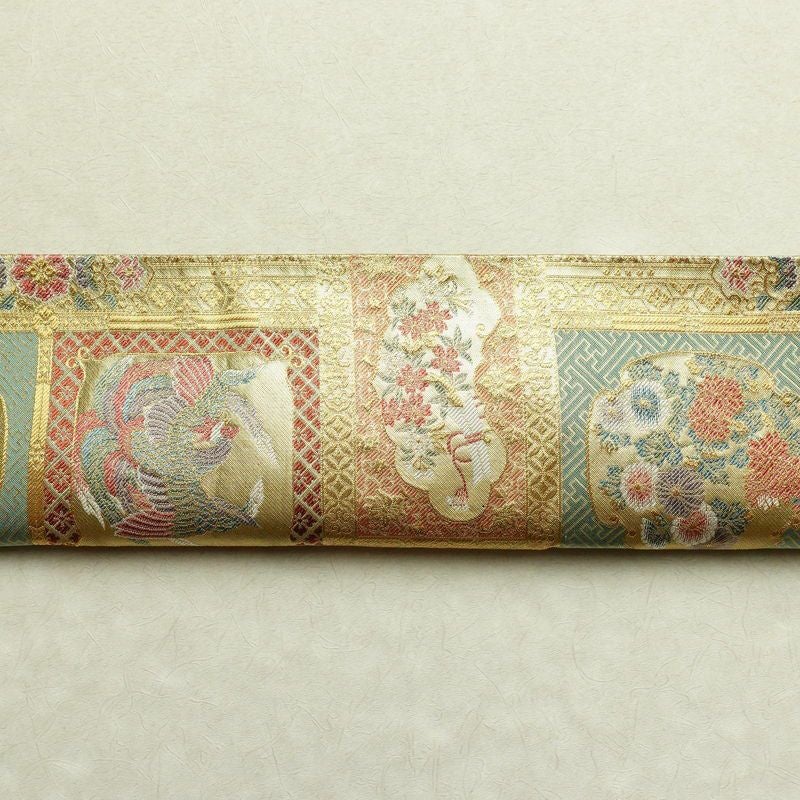 袋帯 本金箔 六通柄 良品 フォーマル用 正絹 幾何学柄・抽象柄 箔 金糸 帯 緑・うぐいす色_画像15