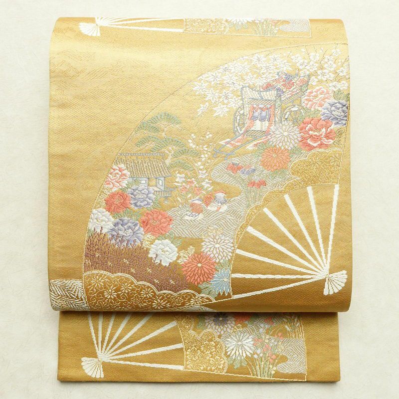 袋帯 正絹 金糸 花鳥文様 金色ｘ多色 六通柄 フォーマル 礼装 長さ448cm【中古】 【キモノオフ野々市若松店】 袋帯 本金二重箔 扇面花鳥 文六通柄 良品 フォーマル用 正絹 古典柄 箔