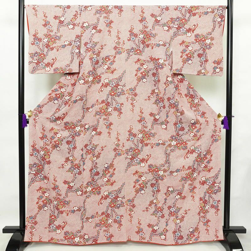 小紋 縮緬 正絹 花柄 袷仕立て 身丈164.5cm 裄丈67.5cm 金彩 着物 赤・朱_画像1