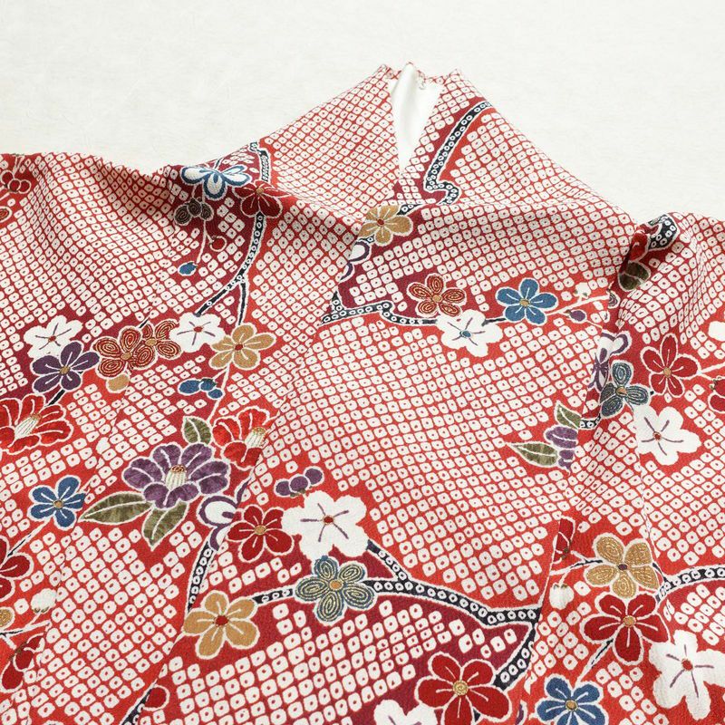 小紋 縮緬 正絹 花柄 袷仕立て 身丈164.5cm 裄丈67.5cm 金彩 着物 赤・朱_画像16