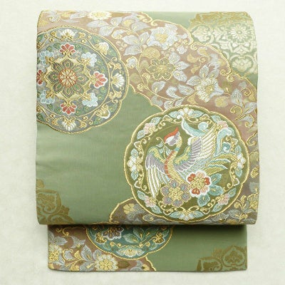 袋帯 六通柄 フォーマル用 正絹 幾何学柄・抽象柄 箔 金糸 帯 緑・うぐいす色