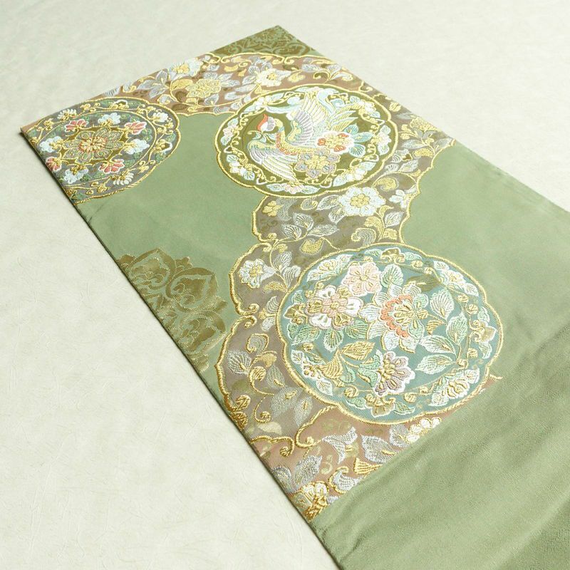 袋帯 六通柄 フォーマル用 正絹 幾何学柄・抽象柄 箔 金糸 帯 緑・うぐいす色_画像19