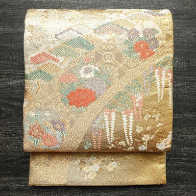 袋帯 六通柄 フォーマル用 正絹 古典柄 箔 金糸 松 藤 七宝 帯 金・銀