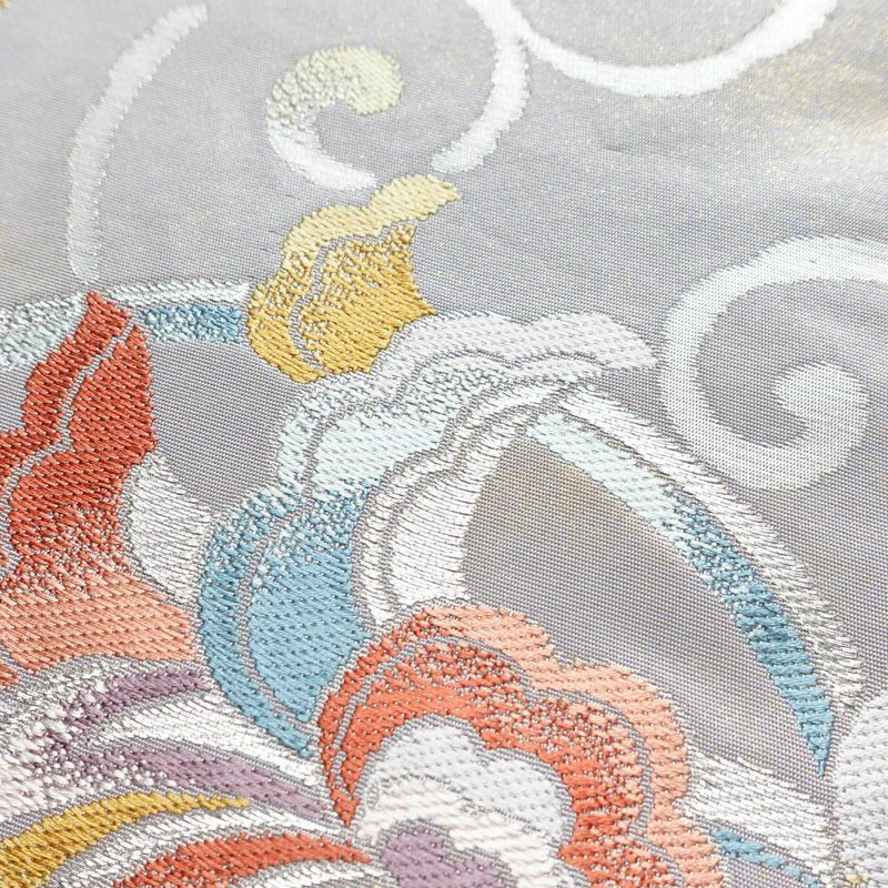 袋帯 六通柄 フォーマル用 正絹 木の葉・植物柄 箔 銀糸 帯 紫・藤色_画像3