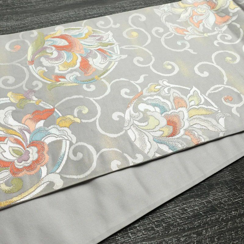 袋帯 六通柄 フォーマル用 正絹 木の葉・植物柄 箔 銀糸 帯 紫・藤色_画像10