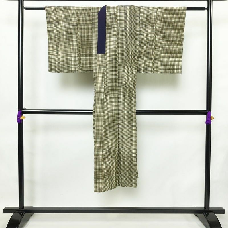 男性用 襦袢 正絹 チェック・格子柄 袖無双・胴抜き 身丈134cm 裄丈67.5cm 緑・うぐいす色_画像2