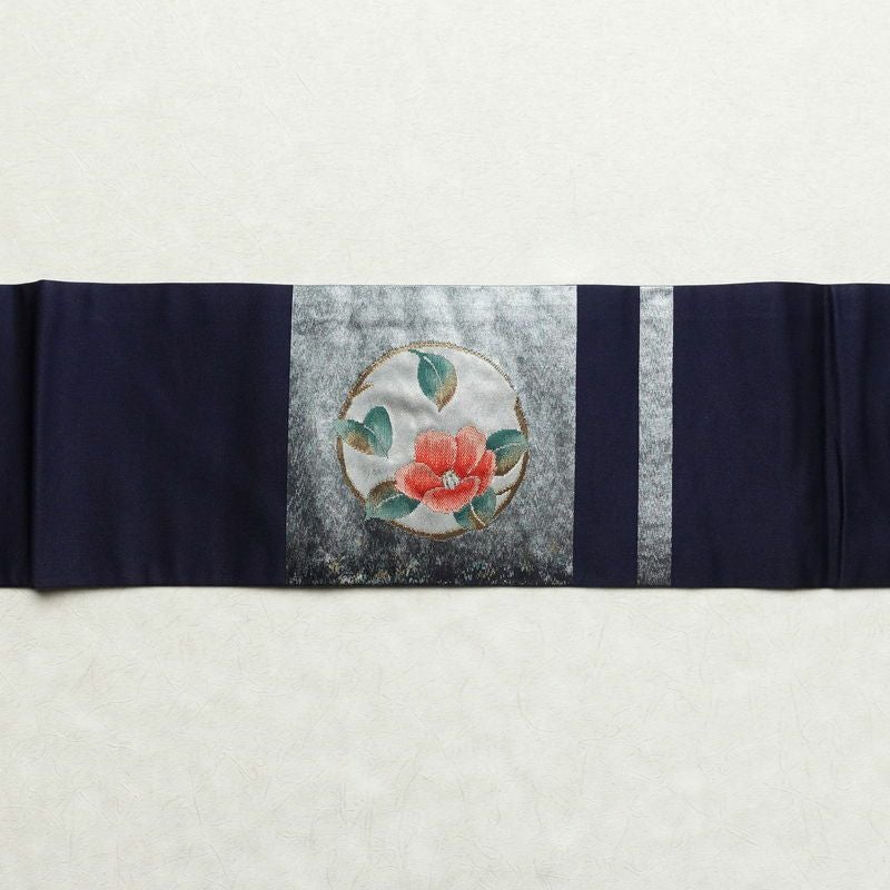 名古屋帯 太鼓柄 良品 正絹 花柄 名古屋仕立て 箔 帯 椿 菊 葡萄 青・紺_画像13