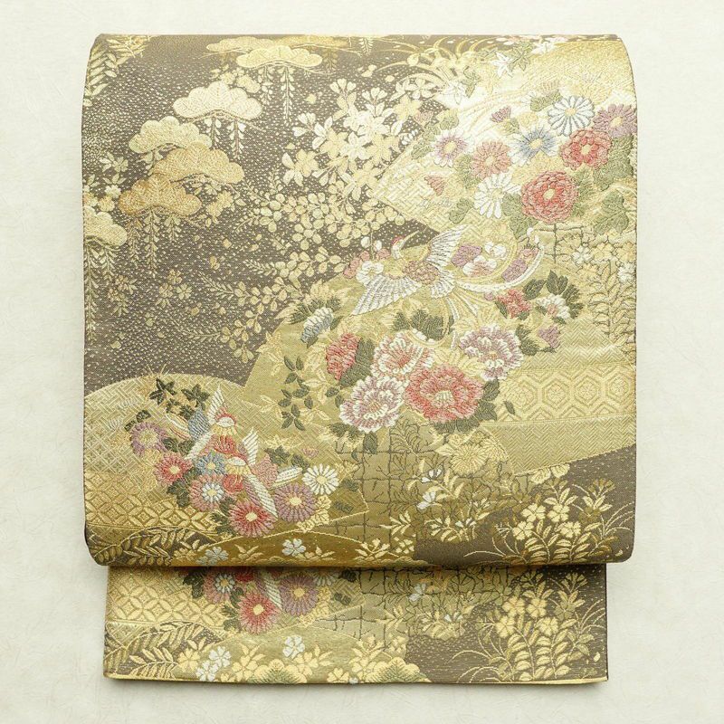 袋帯 六通柄 フォーマル用 正絹 古典柄 箔 金糸 松 帯 茶_画像1