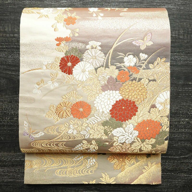 夏物 夏帯 袋帯 中古 リサイクル 正絹 フォーマル 仕立て上がり 六通 花鳥模様 鶴 藤 菊 箔糸 多色 金 きもの北條 A1259-18 袋帯 本金二重箔 扇面花鳥 文六通柄 良品 フォーマル用 正絹 古典柄 箔