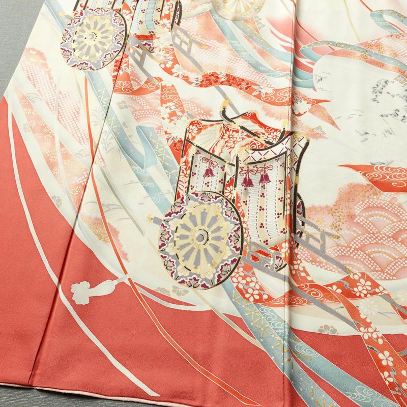 振袖 正絹 古典柄 袷仕立て 身丈158.5cm 裄丈64cm 箔 金彩 御所車 アンティーク風 着物 ピンク_画像4