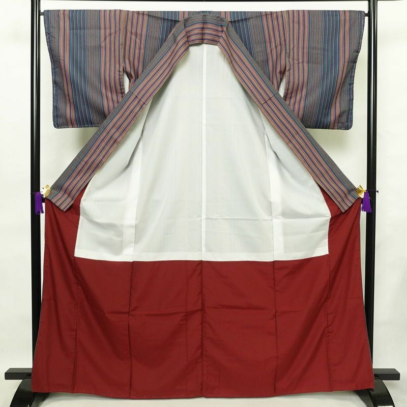 小紋 しつけ糸付き ポリエステル 縞柄・線柄 袷仕立て 身丈167cm 裄丈66.5cm 着物 多色使い_画像3