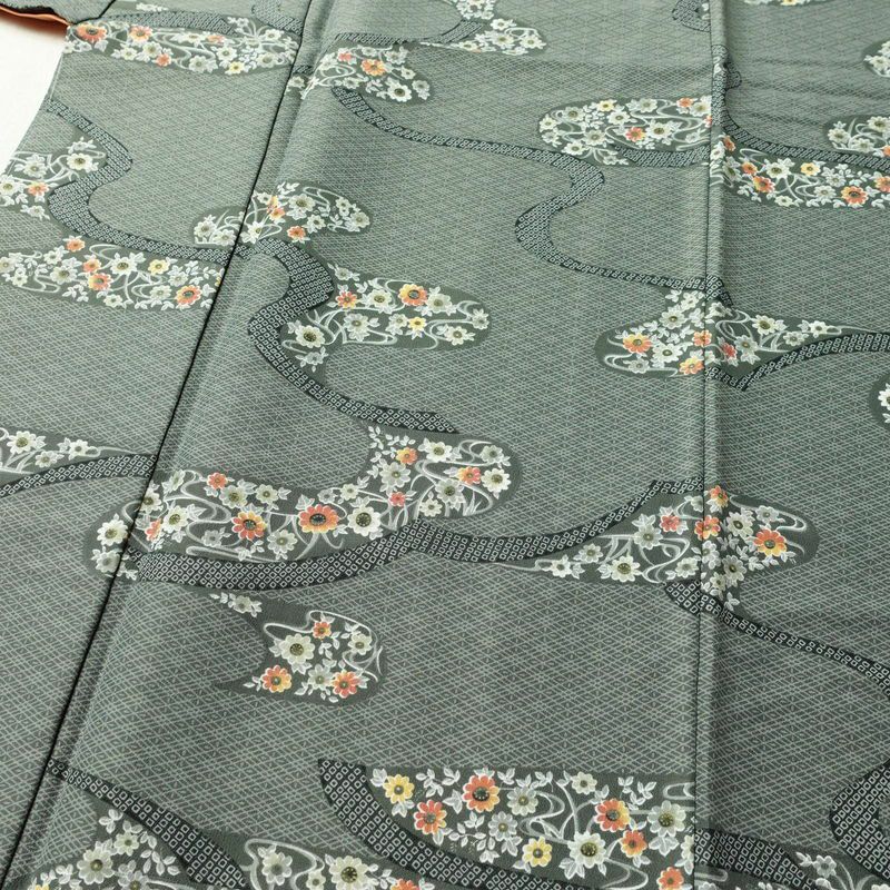 小紋 しつけ糸付き ポリエステル 古典柄 袷仕立て 身丈167cm 裄丈68.5cm 花 着物 緑・うぐいす色_画像5