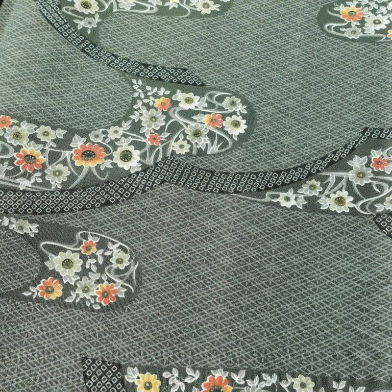 小紋 しつけ糸付き ポリエステル 古典柄 袷仕立て 身丈167cm 裄丈68.5cm 花 着物 緑・うぐいす色_画像6