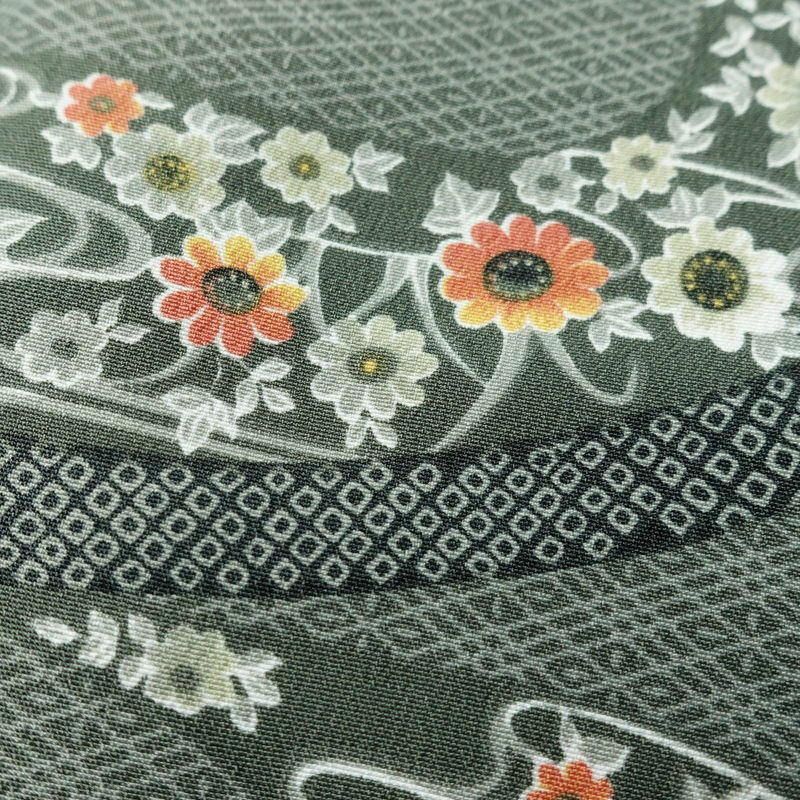 小紋 しつけ糸付き ポリエステル 古典柄 袷仕立て 身丈167cm 裄丈68.5cm 花 着物 緑・うぐいす色_画像8