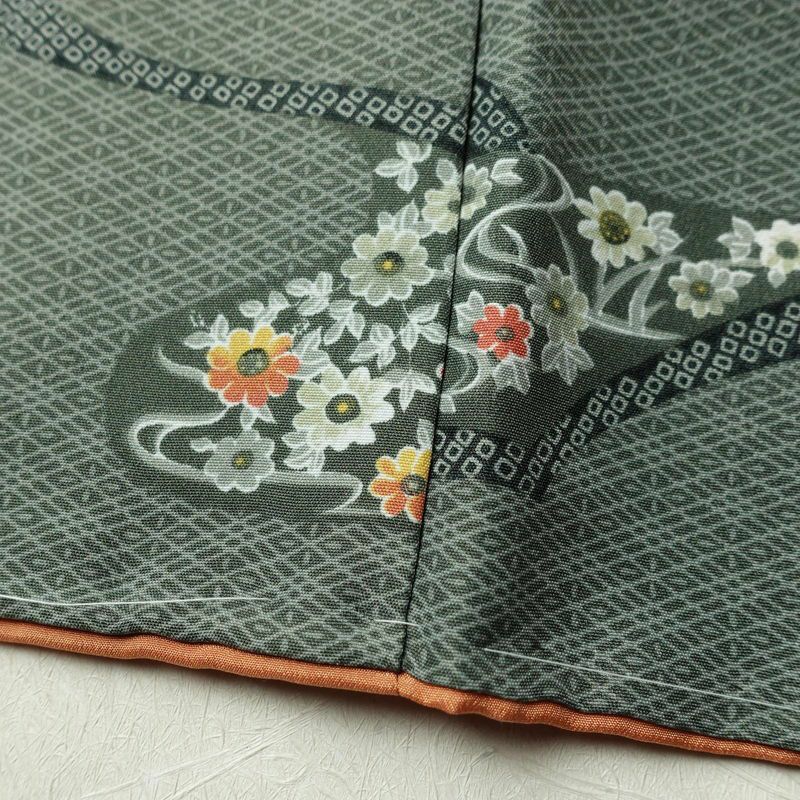 小紋 しつけ糸付き ポリエステル 古典柄 袷仕立て 身丈167cm 裄丈68.5cm 花 着物 緑・うぐいす色_画像10