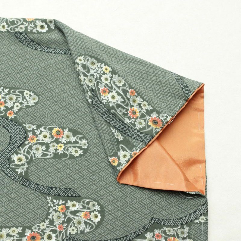 小紋 しつけ糸付き ポリエステル 古典柄 袷仕立て 身丈167cm 裄丈68.5cm 花 着物 緑・うぐいす色_画像13