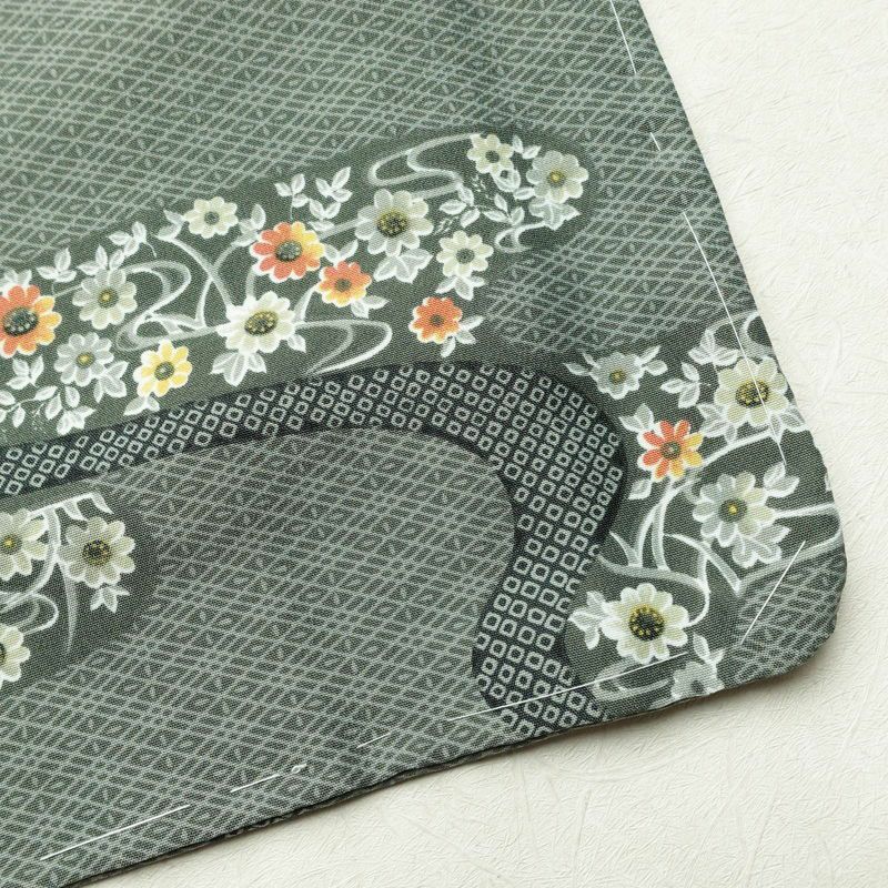 小紋 しつけ糸付き ポリエステル 古典柄 袷仕立て 身丈167cm 裄丈68.5cm 花 着物 緑・うぐいす色_画像14