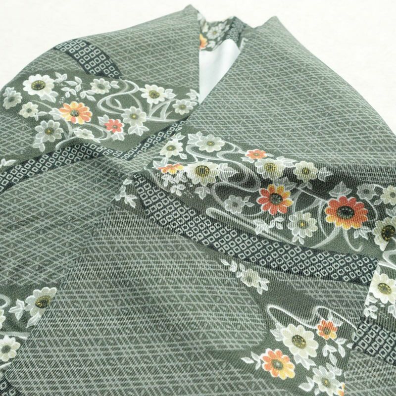 小紋 しつけ糸付き ポリエステル 古典柄 袷仕立て 身丈167cm 裄丈68.5cm 花 着物 緑・うぐいす色_画像16