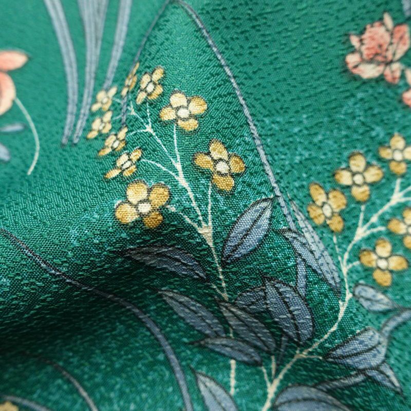 小紋 美品 しつけ糸付き ポリエステル 花柄 袷仕立て 身丈173.5cm 裄丈70.5cm 着物 緑・うぐいす色_画像20