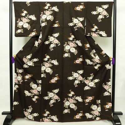 小紋 ポリエステル 花柄 袷仕立て 身丈168.5cm 裄丈67.5cm 茶