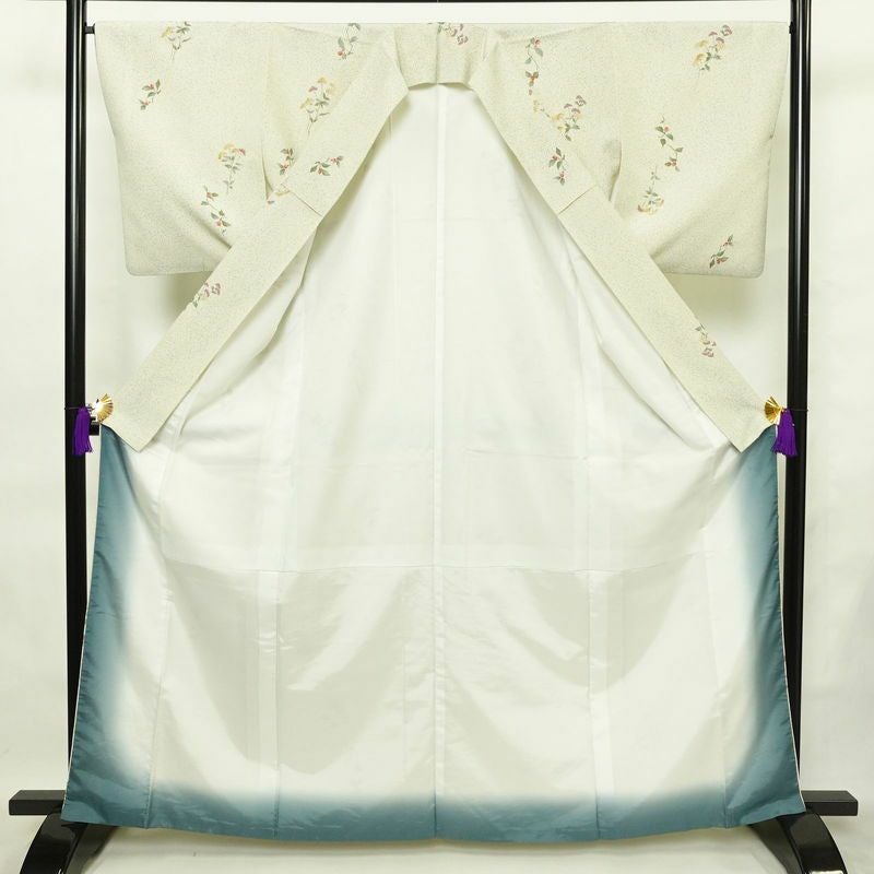 小紋 縮緬 ポリエステル 木の葉・植物柄 袷仕立て 身丈164cm 裄丈66.5cm クリーム_画像3