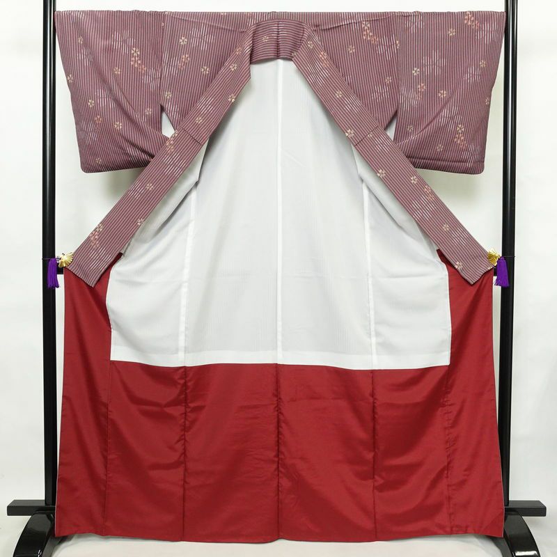 小紋 ポリエステル 縞柄・線柄 身丈168cm 裄丈69cm 桜 小豆・エンジ_画像3