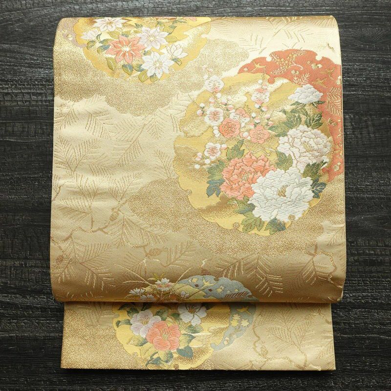 袋帯 本金二重箔 扇面花鳥 文六通柄 良品 フォーマル用 正絹 古典柄 箔