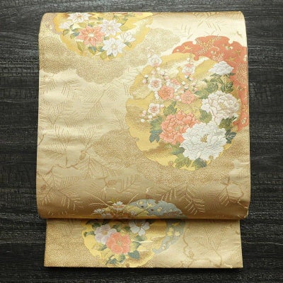 袋帯 琳派屏風錦 六通柄 良品 フォーマル用 正絹 花柄 箔 金糸 帯 ベージュ