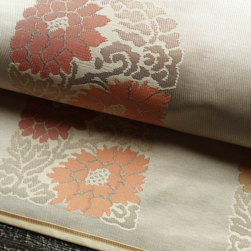 名古屋帯 六通柄 正絹 花柄 名古屋仕立て 箔 帯 グレー_画像7