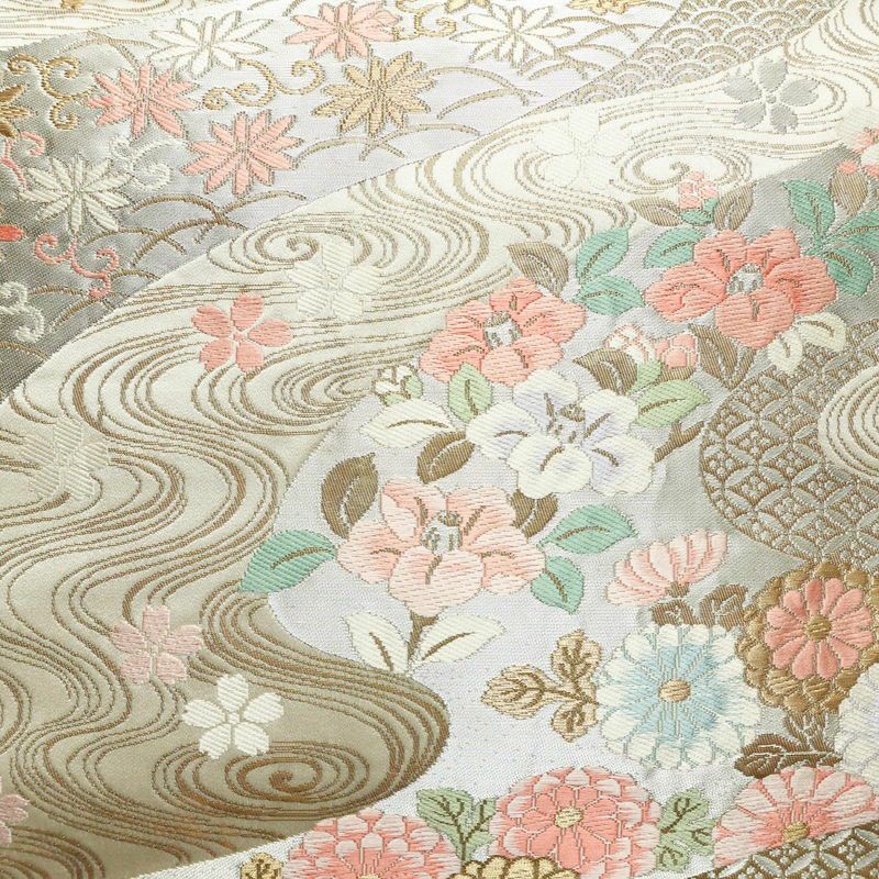 袋帯 六通柄 フォーマル用 正絹 古典柄 流水 菊 亀甲 帯 ベージュ_画像2