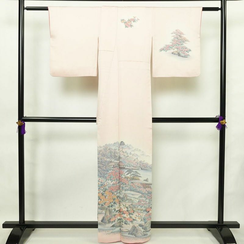 付け下げ 良品 友禅作家 江雪 落款入り 正絹 風景柄 袷仕立て 身丈161.5cm 裄丈66.5cm フォーマル 着物 ピンク_画像2