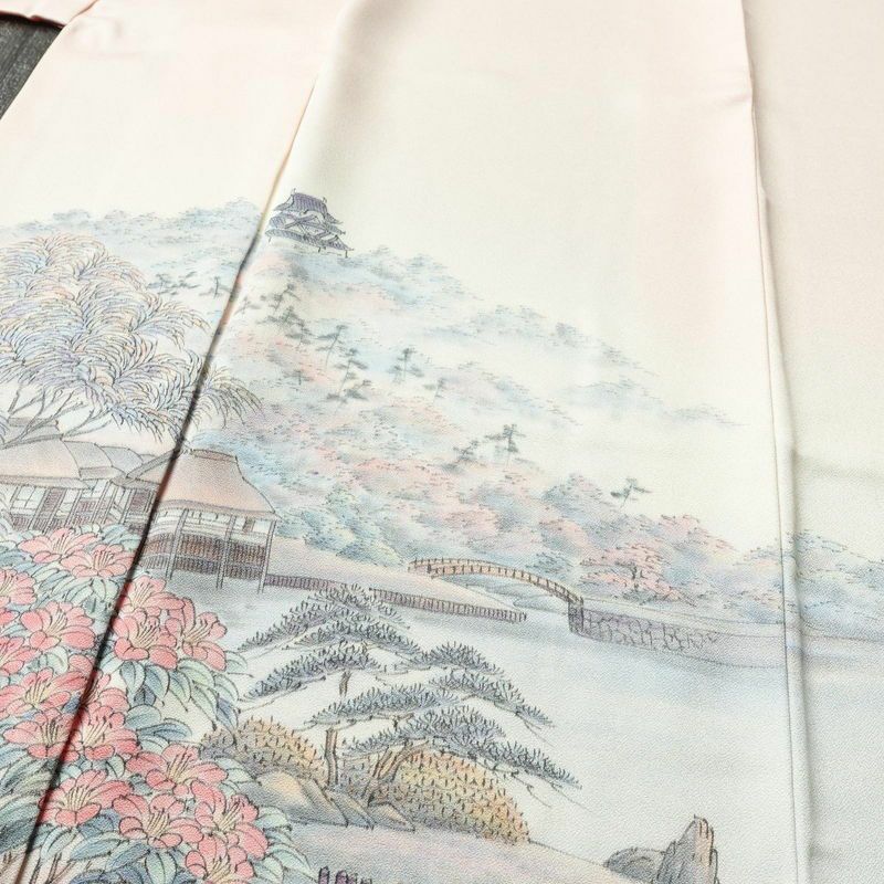 付け下げ 良品 友禅作家 江雪 落款入り 正絹 風景柄 袷仕立て 身丈161.5cm 裄丈66.5cm フォーマル 着物 ピンク_画像5