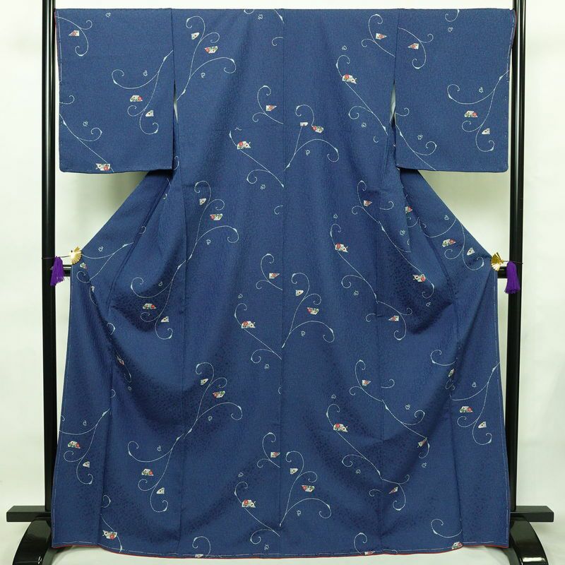 小紋 良品 しつけ糸付き ふくれ織 ポリエステル 花柄 袷仕立て 身丈169.5cm 裄丈69.5cm 着物 青・紺_画像1
