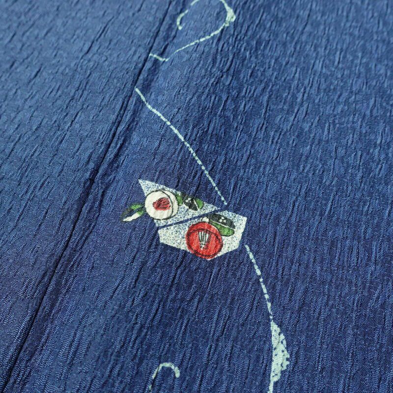 小紋 良品 しつけ糸付き ふくれ織 ポリエステル 花柄 袷仕立て 身丈169.5cm 裄丈69.5cm 着物 青・紺_画像6