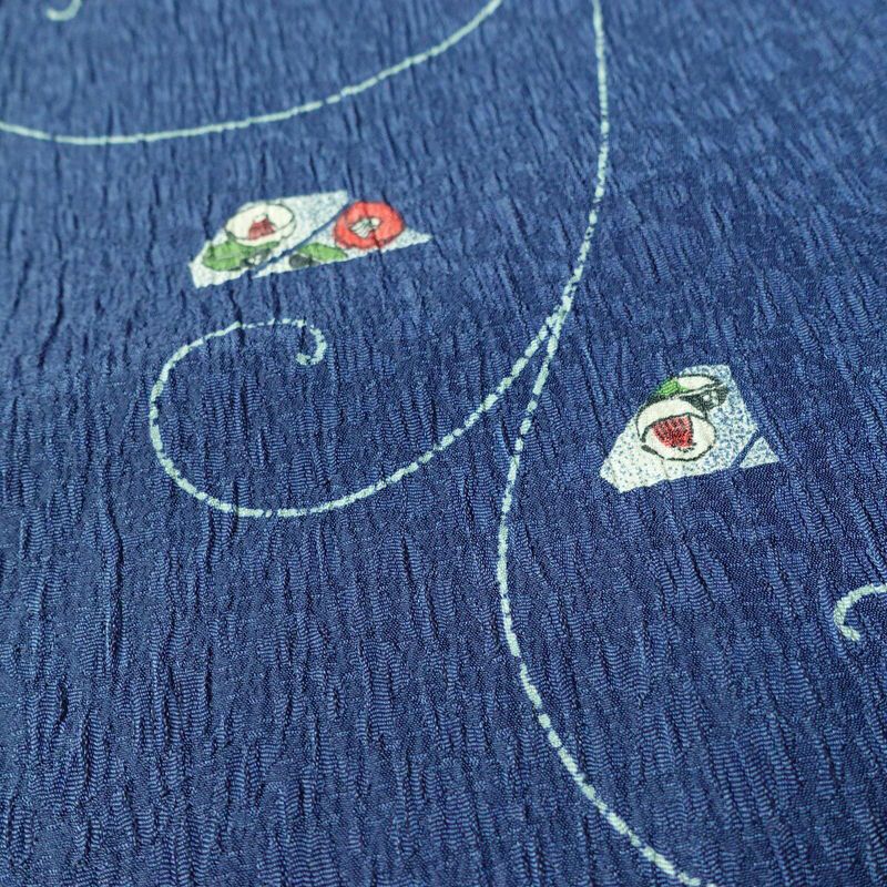 小紋 良品 しつけ糸付き ふくれ織 ポリエステル 花柄 袷仕立て 身丈169.5cm 裄丈69.5cm 着物 青・紺_画像7