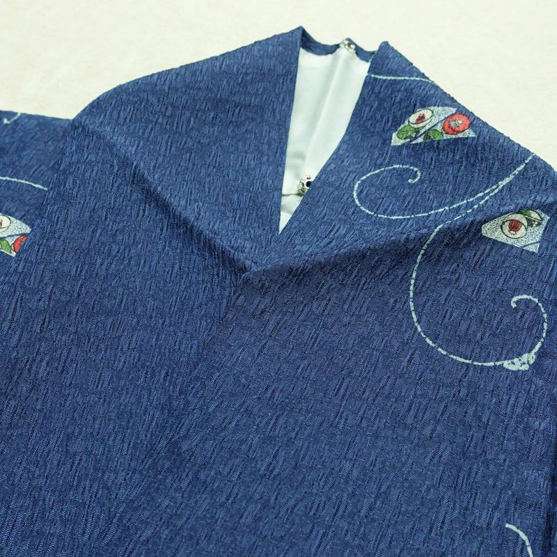 小紋 良品 しつけ糸付き ふくれ織 ポリエステル 花柄 袷仕立て 身丈169.5cm 裄丈69.5cm 着物 青・紺_画像16