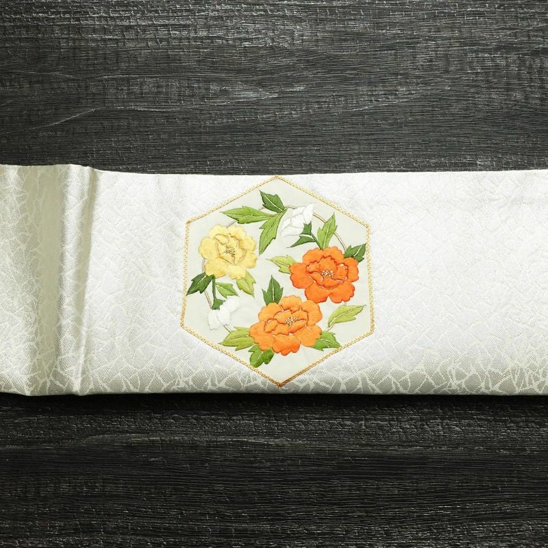 名古屋帯 太鼓柄 金駒刺繍 正絹 花柄 通し仕立て 刺繍 帯 金・銀_画像13