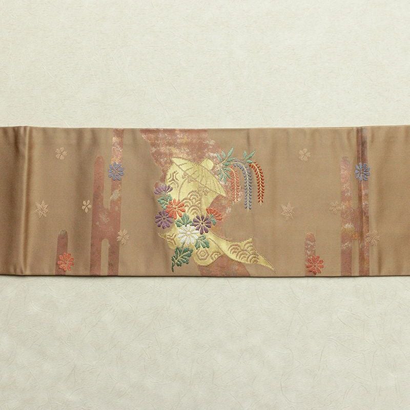 名古屋帯 太鼓柄 正絹 古典柄 名古屋仕立て 箔 帯 茶_画像15