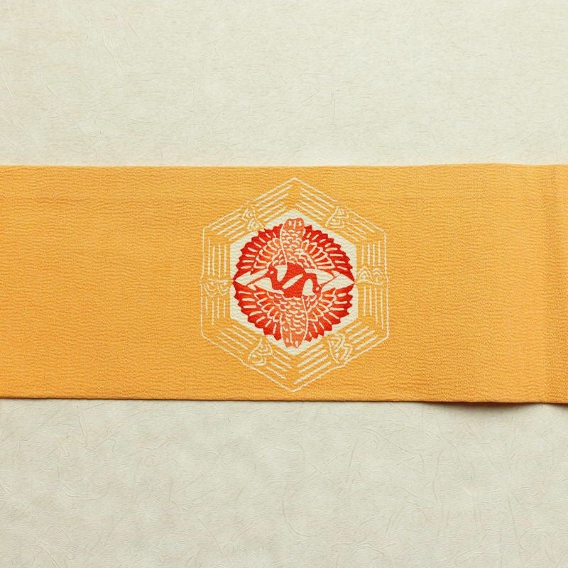 名古屋帯 太鼓柄 縮緬 正絹 幾何学柄・抽象柄 名古屋仕立て 帯 黄・黄土色_画像14